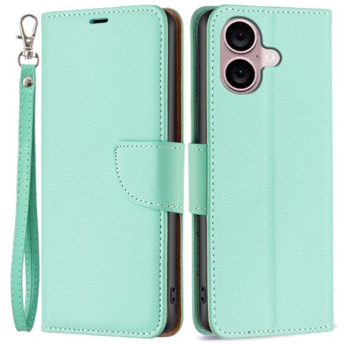 For iPhone 16 Case Drop Proof Wallet Litchi Texture Leather Phone Cover - Green