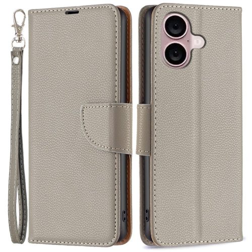 For iPhone 16 Case Drop Proof Wallet Litchi Texture Leather Phone Cover - Grey