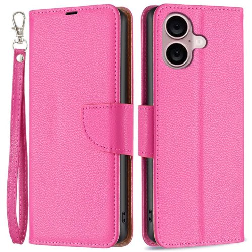 For iPhone 16 Case Drop Proof Wallet Litchi Texture Leather Phone Cover - Rose