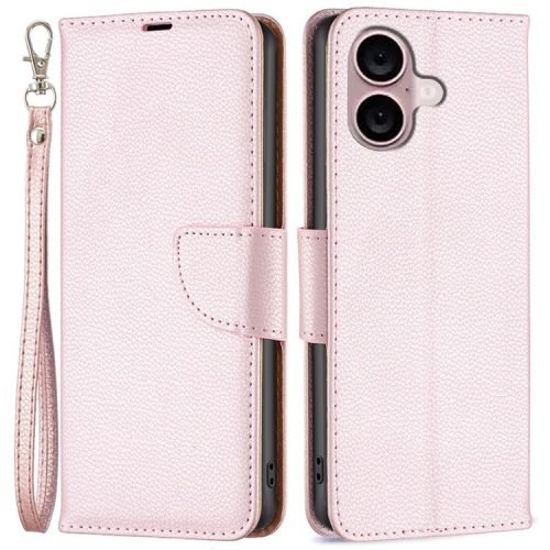 For iPhone 16 Case Drop Proof Wallet Litchi Texture Leather Phone Cover - Rose Gold