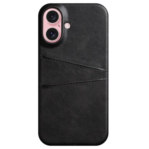 For iPhone 16 Case Dual Card Slots PU Leather + Hard PC Phone Cover - Black