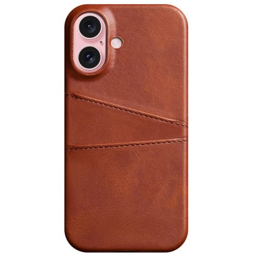 For iPhone 16 Case Dual Card Slots PU Leather + Hard PC Phone Cover - Brown