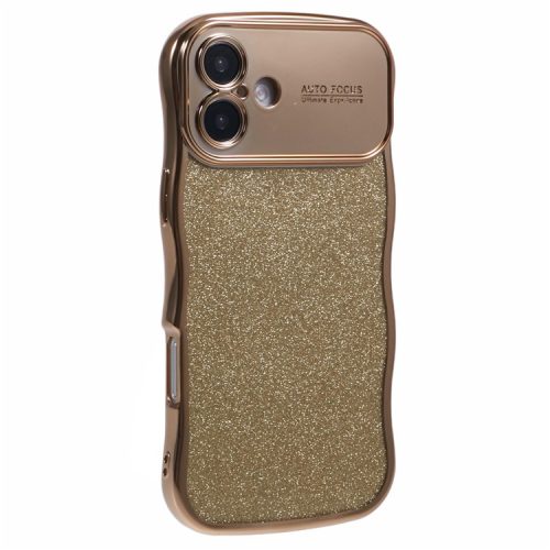 For iPhone 16 Case Electroplating Curly Frame TPU Glitter Phone Cover Large Window - Gold