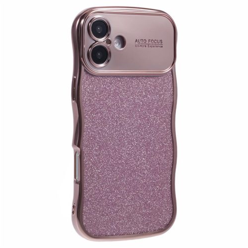 For iPhone 16 Case Electroplating Curly Frame TPU Glitter Phone Cover Large Window - Rose Pink