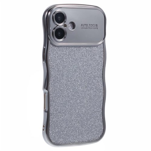 For iPhone 16 Case Electroplating Curly Frame TPU Glitter Phone Cover Large Window - Silver