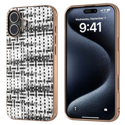 For iPhone 16 Case Electroplating Edge Plaid Texture PU Leather+PC+TPU Phone Cover - Black+White