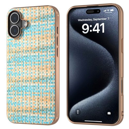 For iPhone 16 Case Electroplating Edge Plaid Texture PU Leather+PC+TPU Phone Cover - Blue