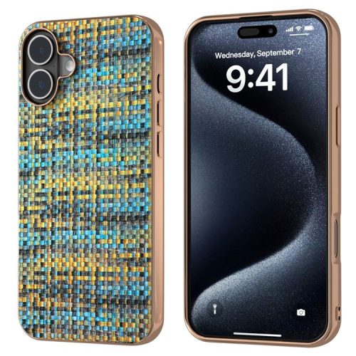 For iPhone 16 Case Electroplating Edge Plaid Texture PU Leather+PC+TPU Phone Cover - Gold