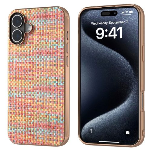 For iPhone 16 Case Electroplating Edge Plaid Texture PU Leather+PC+TPU Phone Cover - Orange Red