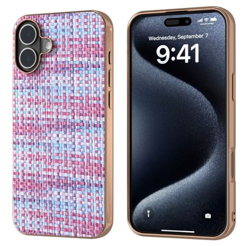 For iPhone 16 Case Electroplating Edge Plaid Texture PU Leather+PC+TPU Phone Cover - Purple