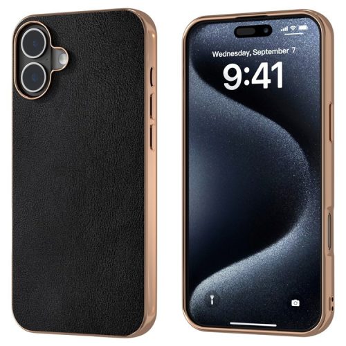 For iPhone 16 Case Electroplating Edge PU Leather Coated TPU+PC Phone Cover - Black