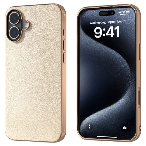 For iPhone 16 Case Electroplating Edge PU Leather Coated TPU+PC Phone Cover - Gold