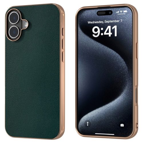 For iPhone 16 Case Electroplating Edge PU Leather Coated TPU+PC Phone Cover - Green