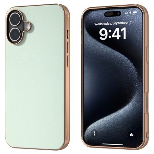 For iPhone 16 Case Electroplating Edge PU Leather Coated TPU+PC Phone Cover - Light Green