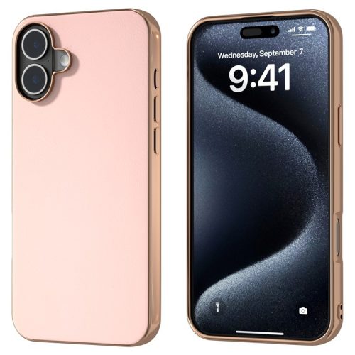 For iPhone 16 Case Electroplating Edge PU Leather Coated TPU+PC Phone Cover - Light Pink