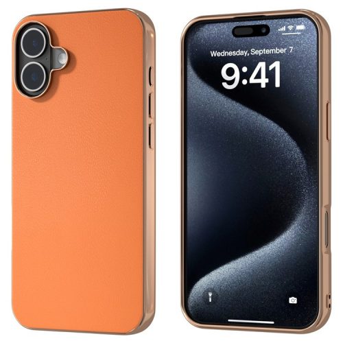 For iPhone 16 Case Electroplating Edge PU Leather Coated TPU+PC Phone Cover - Orange