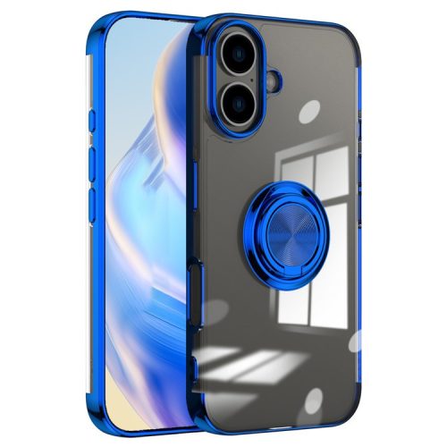 For iPhone 16 Case Electroplating Kickstand TPU Phone Cover Magnetic Car Mount - Blue