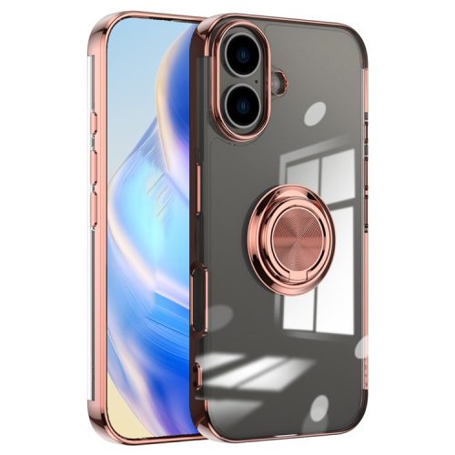 For iPhone 16 Case Electroplating Kickstand TPU Phone Cover Magnetic Car Mount - Rose Gold