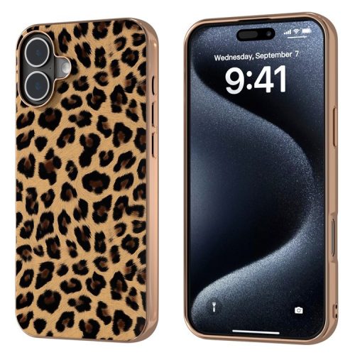 For iPhone 16 Case Electroplating Leopard Pattern PU+TPU Phone Cover - Champagne Gold