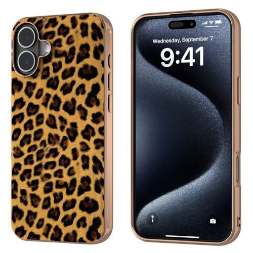 For iPhone 16 Case Electroplating Leopard Pattern PU+TPU Phone Cover - Gold