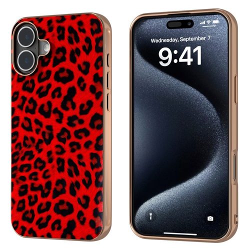 For iPhone 16 Case Electroplating Leopard Pattern PU+TPU Phone Cover - Red