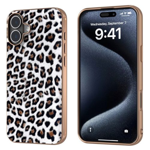 For iPhone 16 Case Electroplating Leopard Pattern PU+TPU Phone Cover - Silver