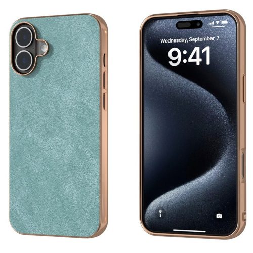 For iPhone 16 Case Electroplating PC Leather Shockproof Back Cover - Baby Blue