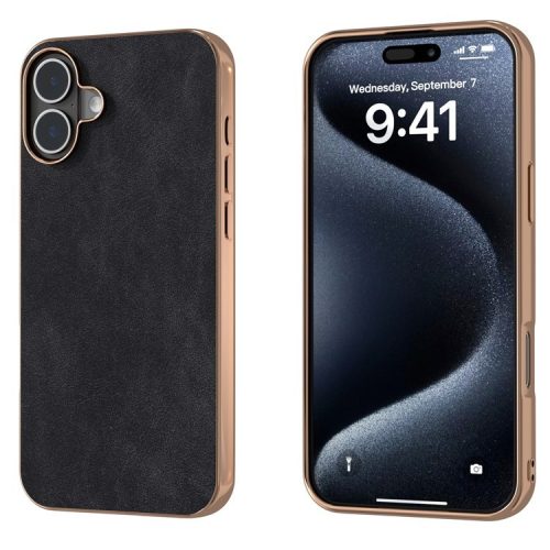 For iPhone 16 Case Electroplating PC Leather Shockproof Back Cover - Black