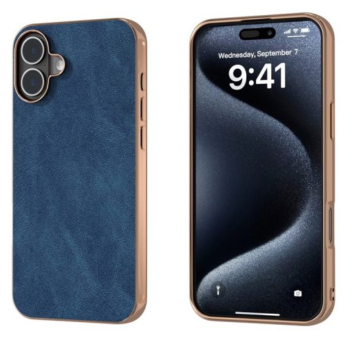 For iPhone 16 Case Electroplating PC Leather Shockproof Back Cover - Blue