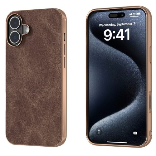 For iPhone 16 Case Electroplating PC Leather Shockproof Back Cover - Coffee