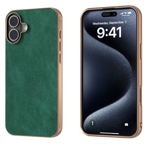 For iPhone 16 Case Electroplating PC Leather Shockproof Back Cover - Green