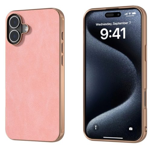 For iPhone 16 Case Electroplating PC Leather Shockproof Back Cover - Pink