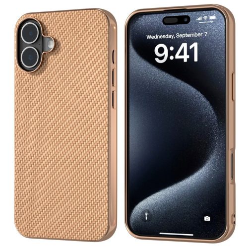 For iPhone 16 Case Electroplating Phone Cover Carbon Fiber Texture PU+TPU Protective Case - Beige