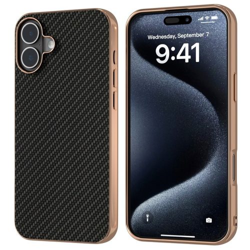 For iPhone 16 Case Electroplating Phone Cover Carbon Fiber Texture PU+TPU Protective Case - Black