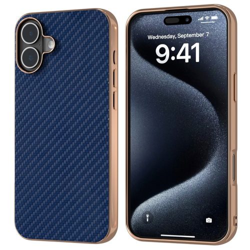 For iPhone 16 Case Electroplating Phone Cover Carbon Fiber Texture PU+TPU Protective Case - Blue