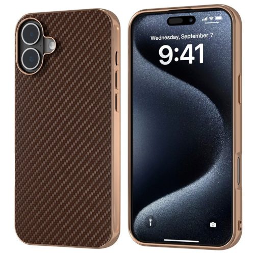 For iPhone 16 Case Electroplating Phone Cover Carbon Fiber Texture PU+TPU Protective Case - Brown