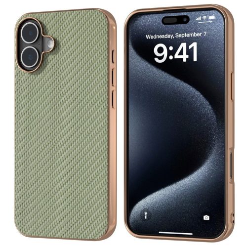 For iPhone 16 Case Electroplating Phone Cover Carbon Fiber Texture PU+TPU Protective Case - Green