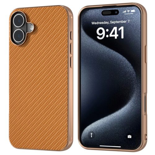 For iPhone 16 Case Electroplating Phone Cover Carbon Fiber Texture PU+TPU Protective Case - Light Brown