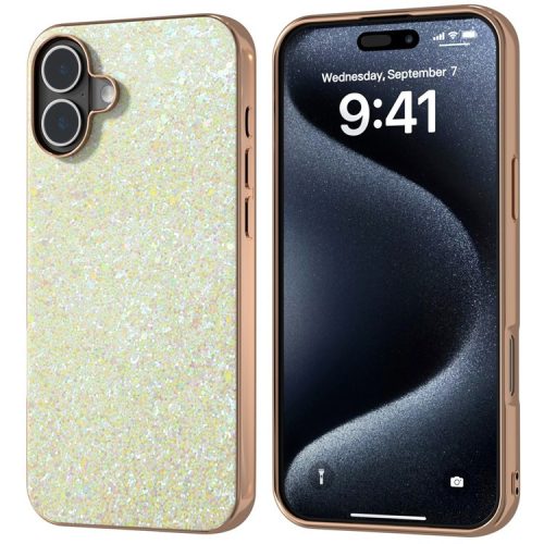 For iPhone 16 Case Electroplating Phone Cover Colored Glitter Design PU+TPU Protective Case - Amber Yellow