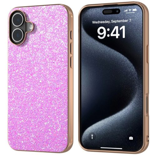 For iPhone 16 Case Electroplating Phone Cover Colored Glitter Design PU+TPU Protective Case - Barbie Pink