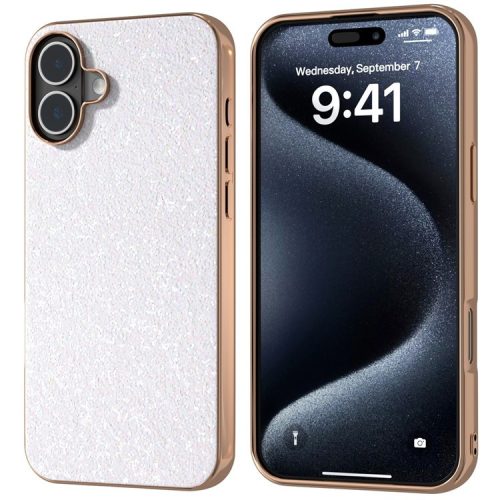 For iPhone 16 Case Electroplating Phone Cover Colored Glitter Design PU+TPU Protective Case - Gardenia White