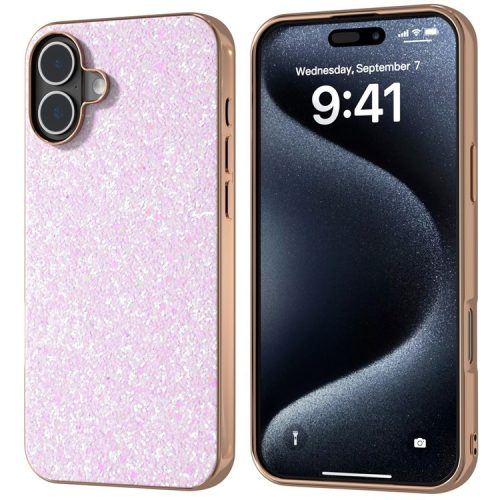 For iPhone 16 Case Electroplating Phone Cover Colored Glitter Design PU+TPU Protective Case - Gradient Pink