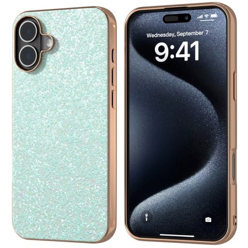 For iPhone 16 Case Electroplating Phone Cover Colored Glitter Design PU+TPU Protective Case - Mint Green