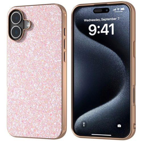 For iPhone 16 Case Electroplating Phone Cover Colored Glitter Design PU+TPU Protective Case - Peach Pink