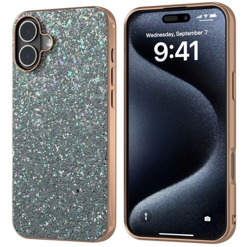 For iPhone 16 Case Electroplating Phone Cover Colored Glitter Design PU+TPU Protective Case - Pine Green