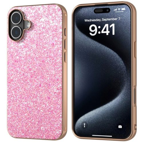 For iPhone 16 Case Electroplating Phone Cover Colored Glitter Design PU+TPU Protective Case - Rose Pink