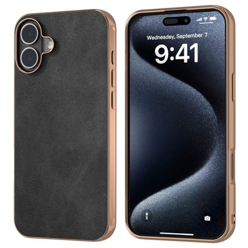 For iPhone 16 Case Electroplating Phone Cover Cowhide Texture PU+TPU Protective Case - Black