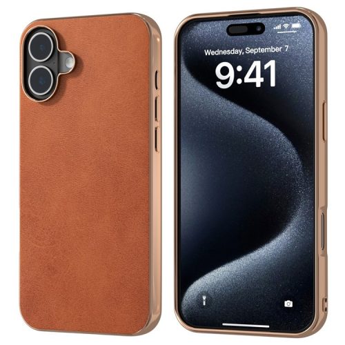 For iPhone 16 Case Electroplating Phone Cover Cowhide Texture PU+TPU Protective Case - Brown