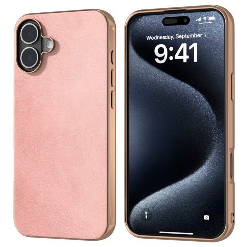 For iPhone 16 Case Electroplating Phone Cover Cowhide Texture PU+TPU Protective Case - Pink