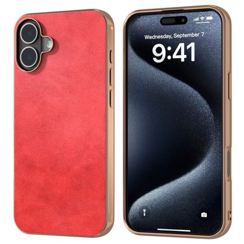 For iPhone 16 Case Electroplating Phone Cover Cowhide Texture PU+TPU Protective Case - Red